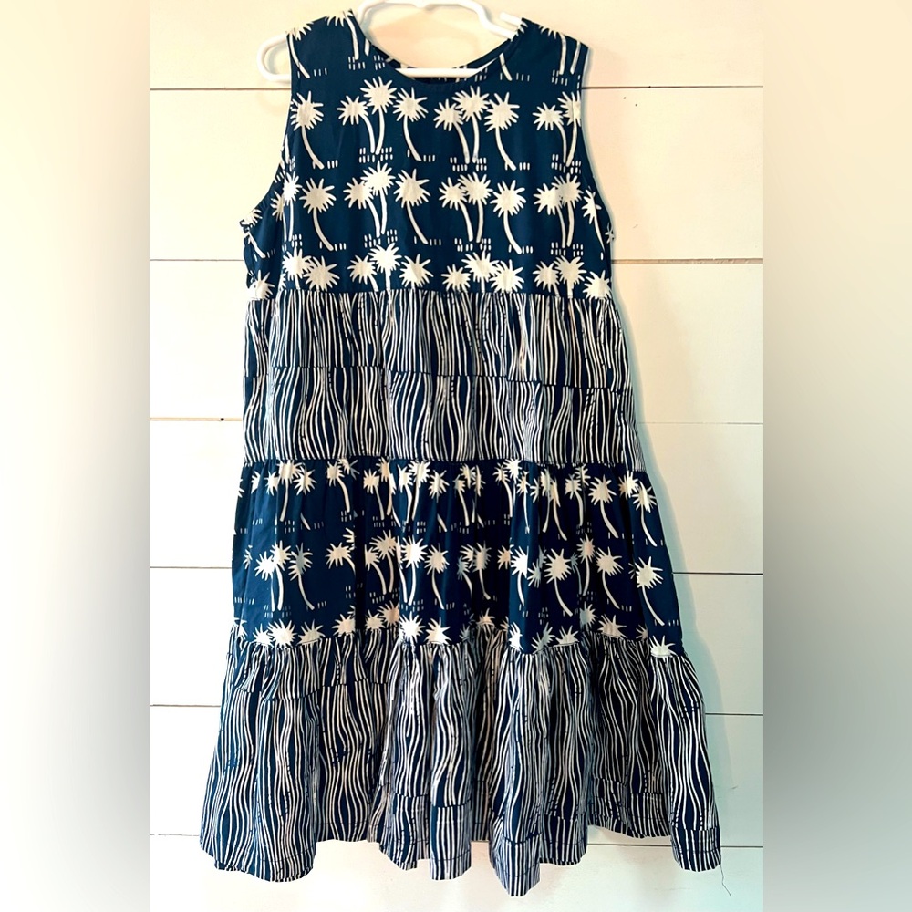 Girls Size 8 Blue Ginger Hawaiian Navy White Palm Tree 100% Cotton Dress NWOT